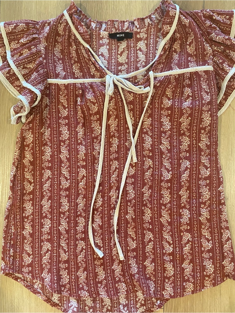 MINE Rust Floral Tie-Front Peasant Blouse with Ivory Trim